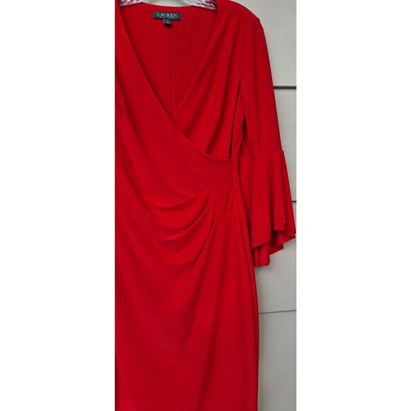 Lauren Ralph Lauren Bell Sleeve Faux Wrap Red Dress Surplice V Neckline Size 4 - Picture 5 of 12